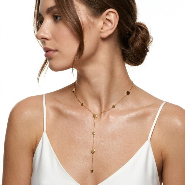 Collana a Y in Acciaio Inossidabile color Oro con Cuori Eleganti per un Look Raffinato e Moderno