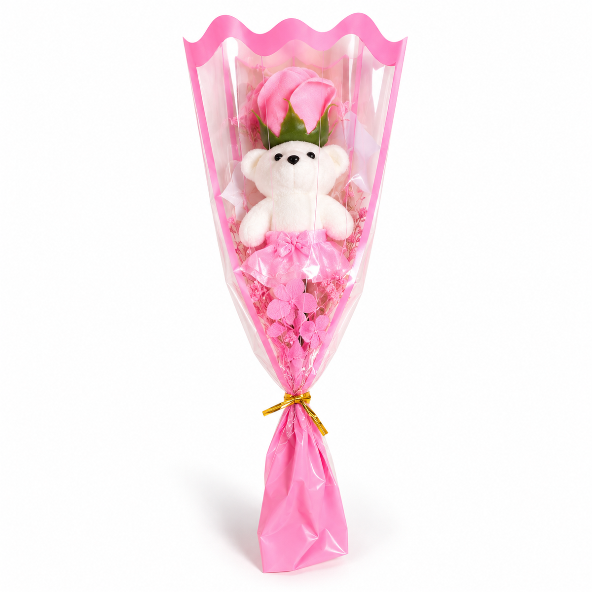 Teddy Bloom™ — Mini Bouquet con Orsetto e Rosa