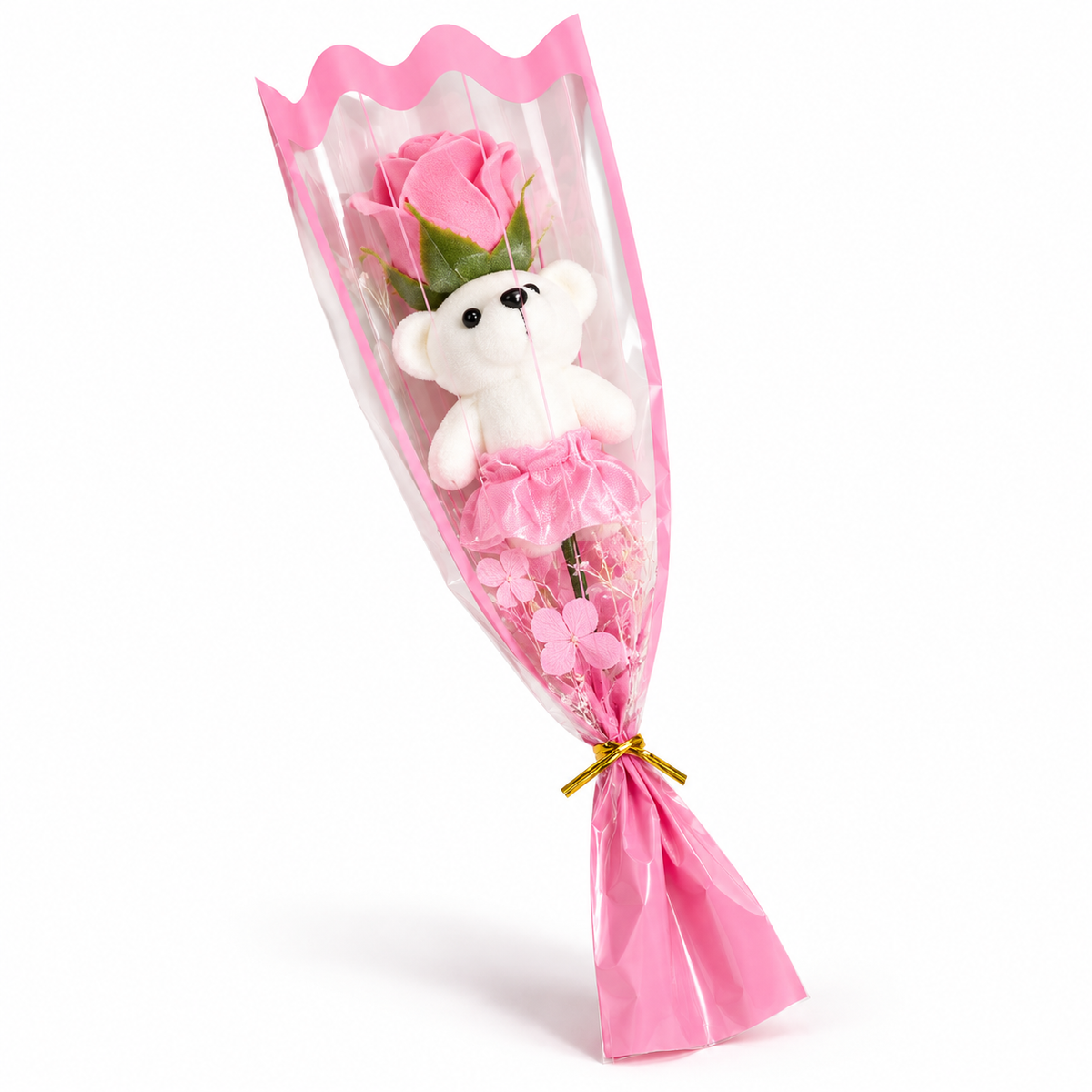Teddy Bloom™ — Mini Bouquet con Orsetto e Rosa
