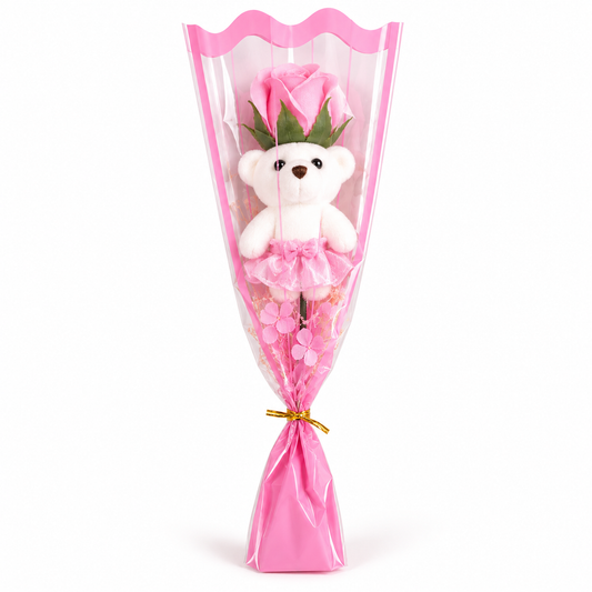 Teddy Bloom™ — Mini Bouquet con Orsetto e Rosa
