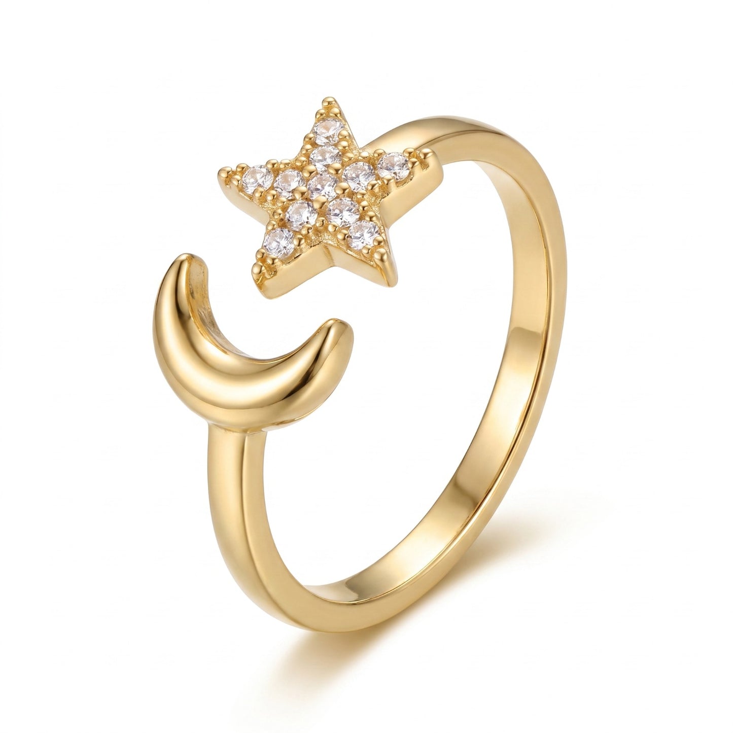 Anello regolabile luna e stella con zirconi in acciaio inox dorato – Elegante e luminoso