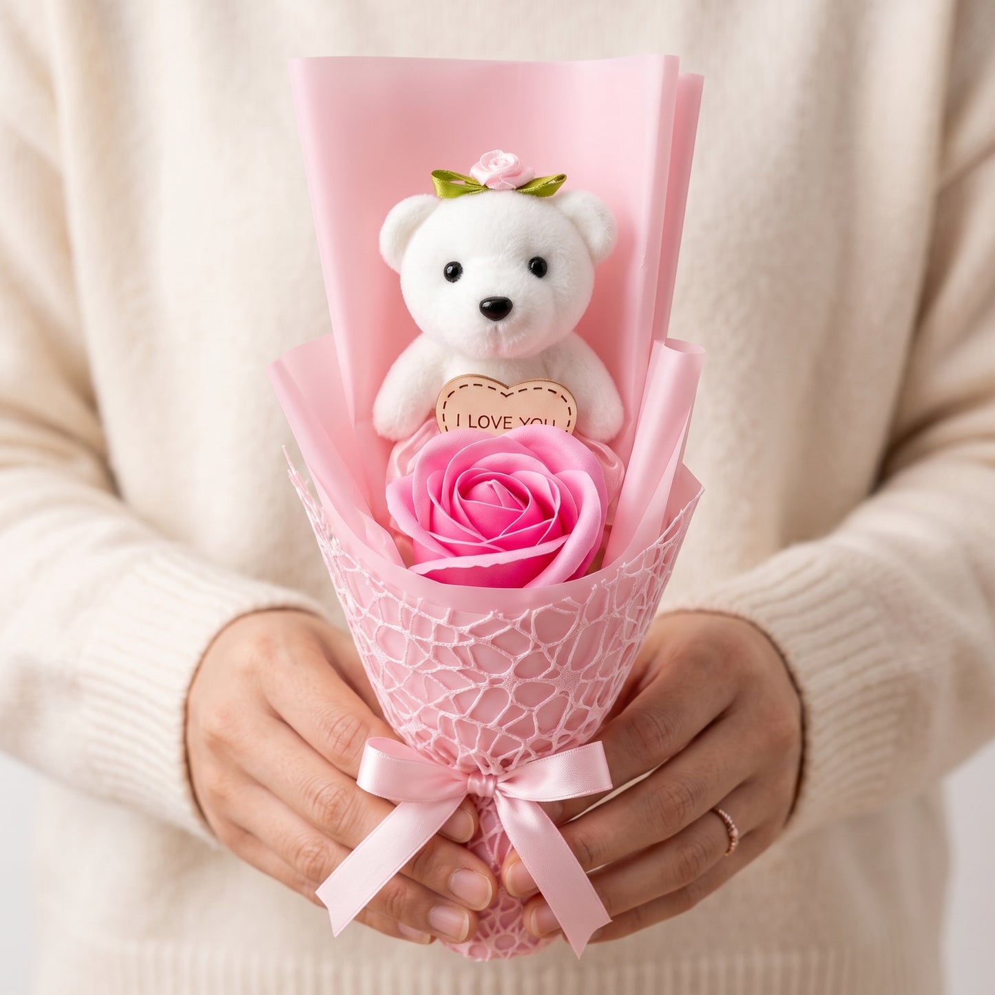 Bouquet Regalo con Orsetto Peluche – Regalo Romantico Donna – Rosa o Blu – AuraGifts