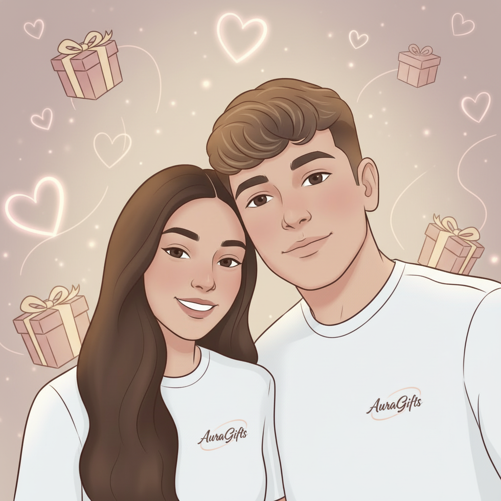 Illustrazione cartoon coppia AuraGifts con magliette brandizzate